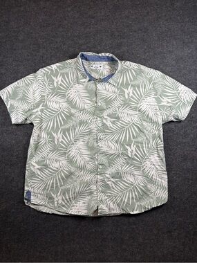 Free Planet 3X-Large Green White Leaf Print Short Sleeve Button Up Shirt